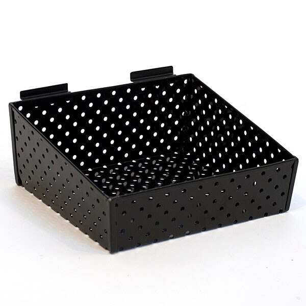 Slatwall basket 12"w x 10"d x 3"h to 5"h back metal - black