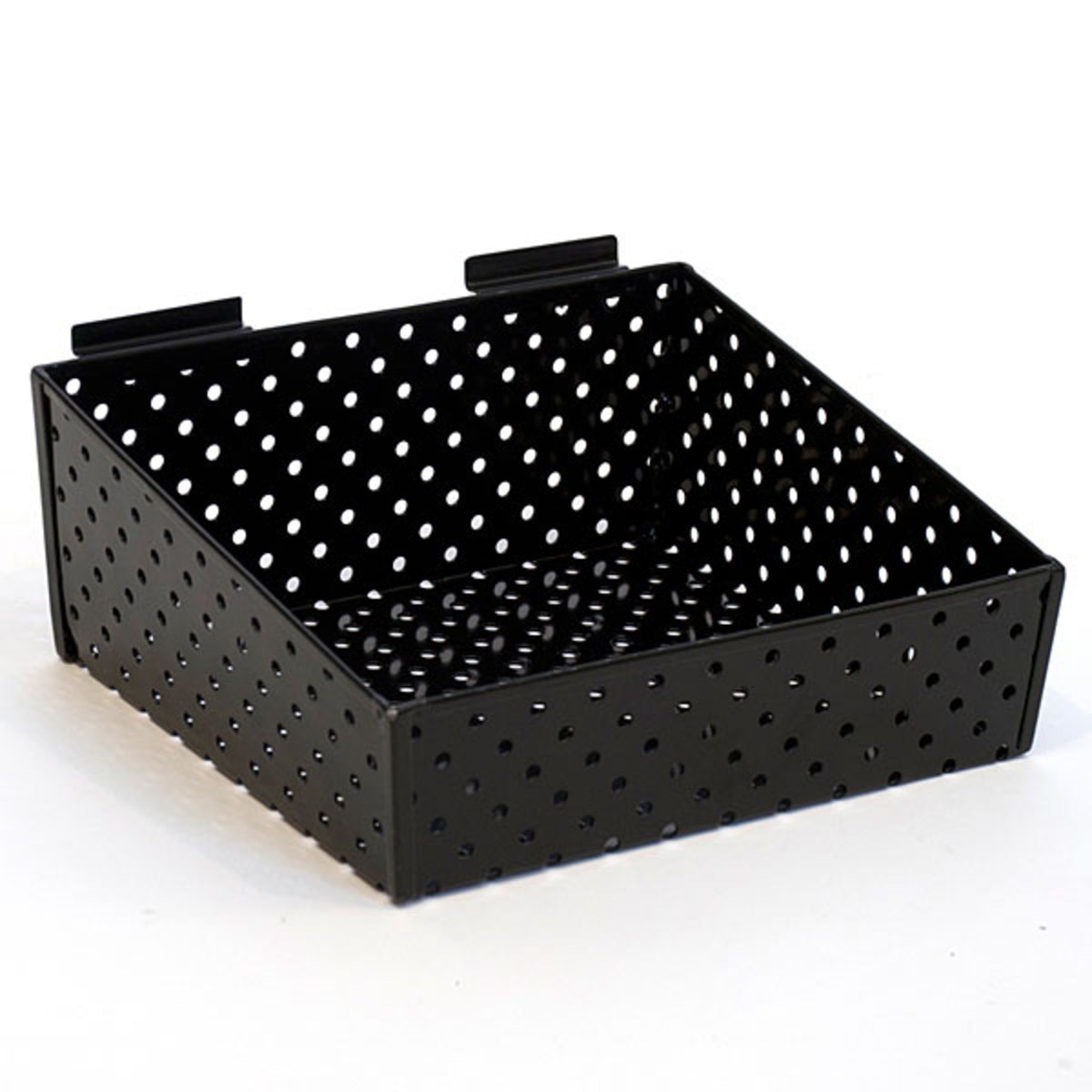 Slatwall basket 12"w x 10"d x 3"h to 5"h back metal - black