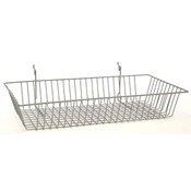 Basket 24"w x 12"d x 4"h fits slatwall, grid, pegboard - powder coat chrome