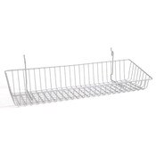 Sloping basket 24"w x 8"d x 4"h back x 2"h front fits slatwall, grid, pegboard - powder coat chrome