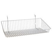 Sloping basket 24"w x 12"d x 6"h back x 2"h front fits slatwall, grid, pegboard - powder coat chrome