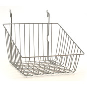 Sloping basket 12"w x 12"d x 8"h back x 4"h front fits slatwall, grid, pegboard - powder coat chrome