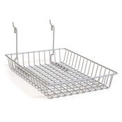 Basket 10"w x 14"d x 2"h fits slatwall, grid, pegboard - powder coat chrome