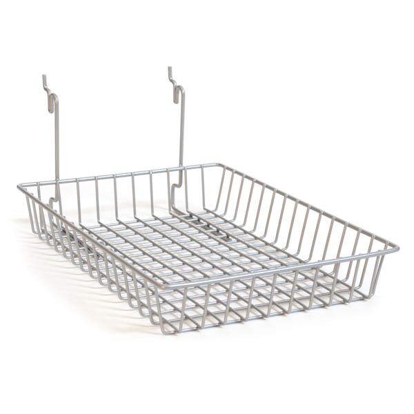 Basket 10"w x 14"d x 2"h fits slatwall, grid, pegboard - powder coat chrome
