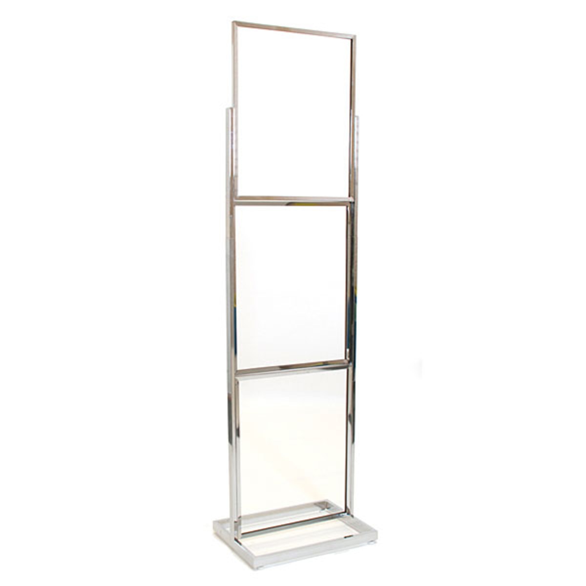 Floor standing sign holder 22"x28" triple frame 90"high rectangular tube - chrome