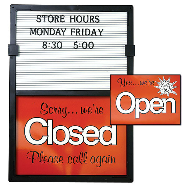 Open/closed sign with message board removable letters and numbers vertical - black frame with red and white sign