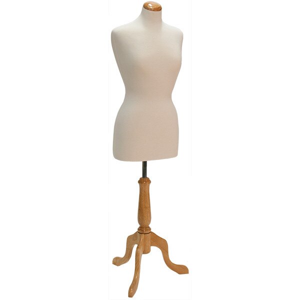Woman's dress form size 8 cream jersey fabric with natural wood dome neck block
