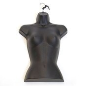 Women's torso form - half body with open back made from injection molded plastic includes metal hanger hook - black