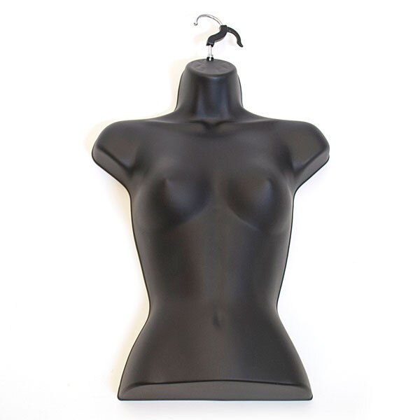 Women's torso form - half body with open back made from injection molded plastic includes metal hanger hook - black