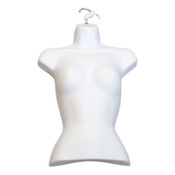 Women's torso form - half body with open back made from injection molded plastic includes metal hanger hook - white