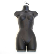 Women's torso form - full body with open back made from injection molded plastic includes metal hanger hook - black