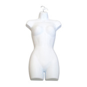 Women's torso form - full body with open back made from injection molded plastic includes metal hanger hook - white