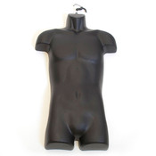 Men's torso form - full body with open back made from injection molded plastic includes metal hanger hook - black