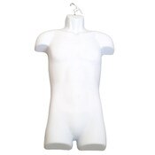Men's torso form - full body with open back made from injection molded plastic includes metal hanger hook - white