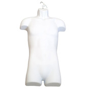 Men's torso form - full body with open back made from injection molded plastic includes metal hanger hook - white