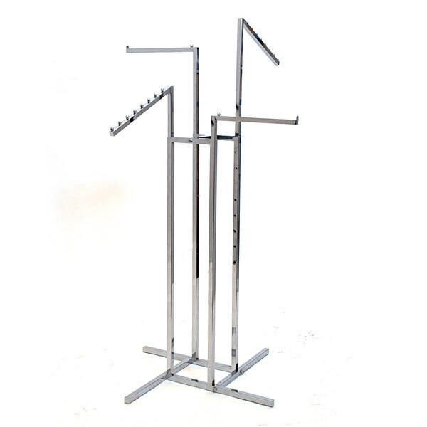 4-way garment rack with 2-16" straight arms and 2 slant arms square tubing frame/arms - chrome