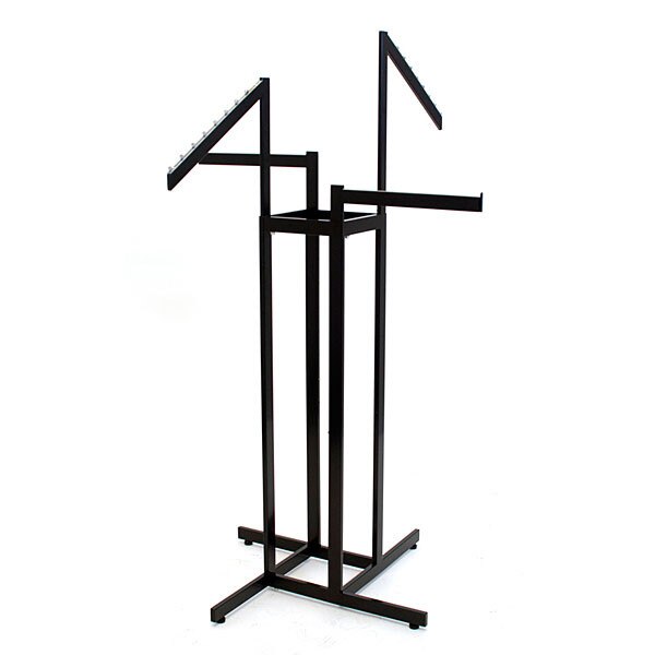 4-way rect tube black clothes rack with 2 straight/2 slant arms