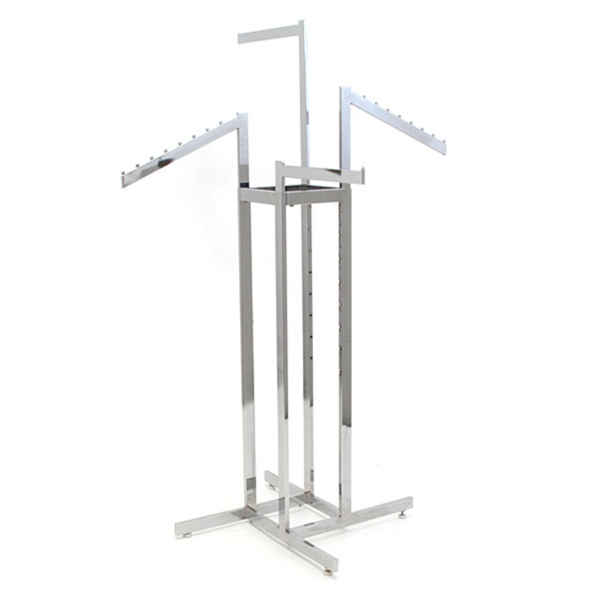 4-way garment rack with 2-16"straight arms and 2 slant arms rectangular tubing frame/arms - chrome