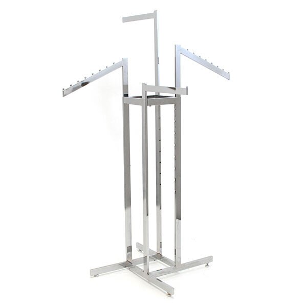 4-way garment rack with 2-16"straight arms and 2 slant arms rectangular tubing frame/arms - chrome