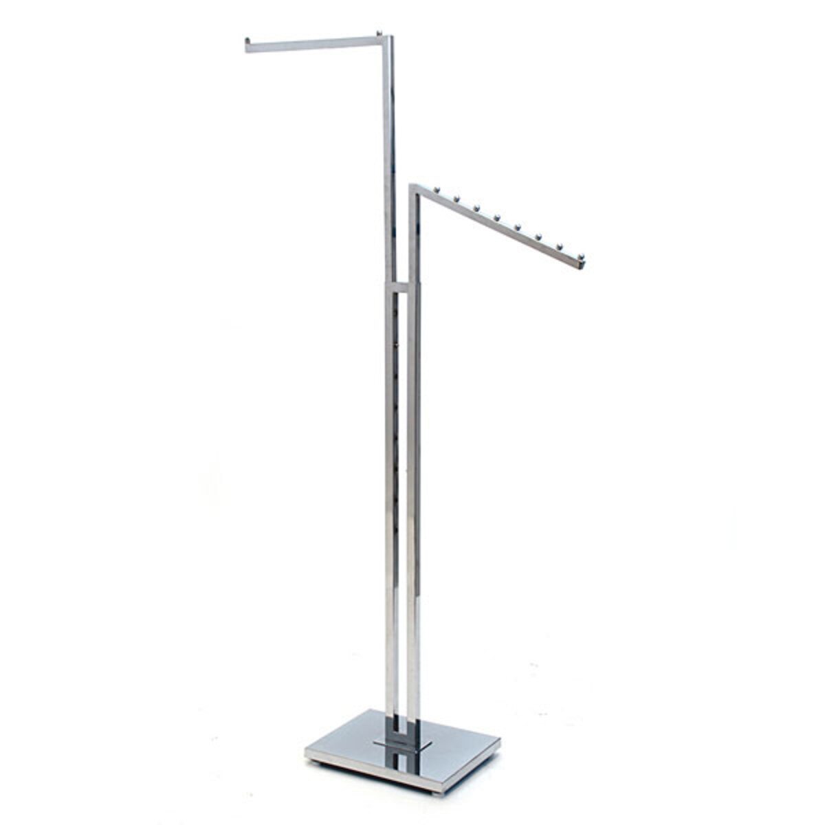 2-way garment rack with 1-16" straight arm and 1 slant arm square tubing frame/arms - chrome