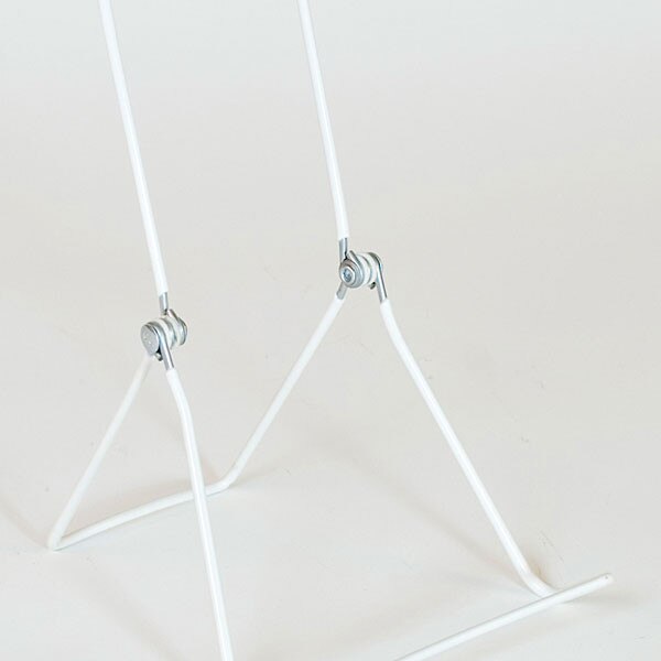 Display easel with wide base hinged to adjust two ways - white