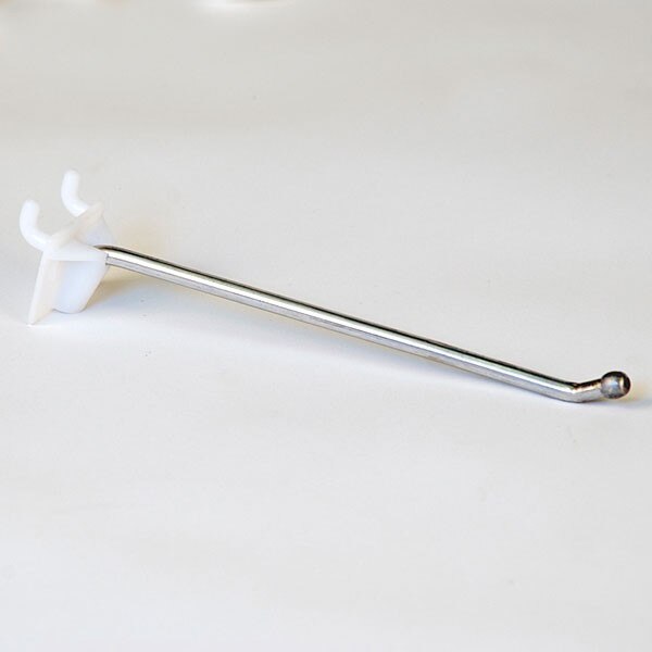 Pegboard hook 6" long - 1/4" wire ball end with plastic back - zinc/white