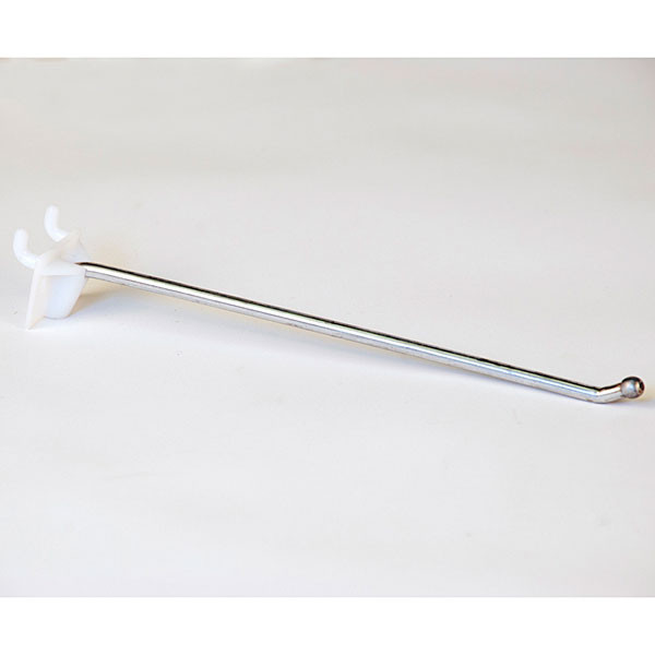 Pegboard hook 8" long - 1/4" wire ball end with plastic back - zinc/white