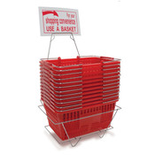 Shopping basket set includes 12 baskets stand and sign - red