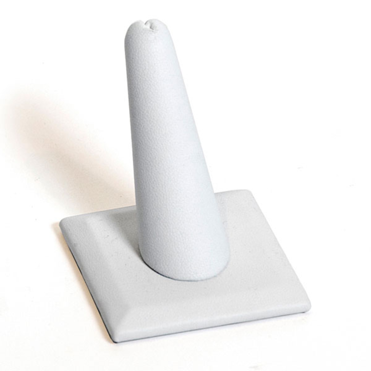 Jewelry ring finger display single with square base - white leatherette